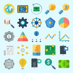 Icons set about Marketing with teamwork, shield, smartphone, idea, newspaper and worldwide