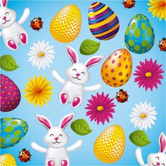 pattern decorative bunnies eggs and flower easter vector illustration