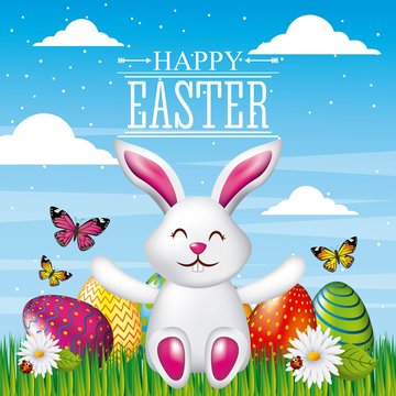 happy easter card cute rabbit sitting with bright eggs butterflies and flowers ladybug vector illustration