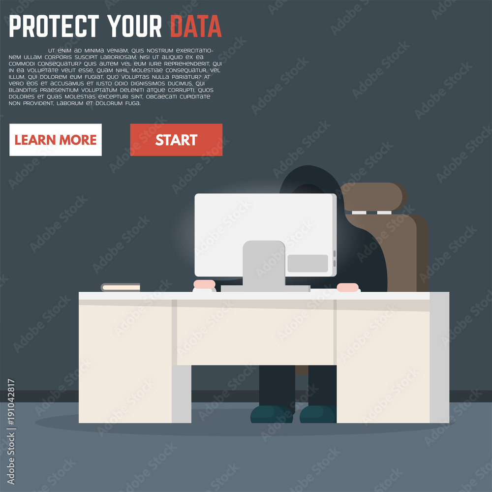 Poster hacker stealing data from desktop computer from office. cyber thief protection concept. cyber crimin