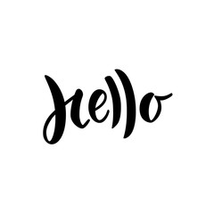 Obraz premium Hello Hand lettered word. Modern brush lettering isolated on white. Great for greeting card, poster, label, sticker. Brush ink modern handlettering.