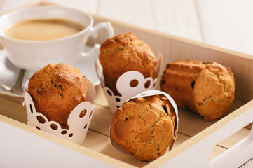 Homemade buckwheat muffins, gluten free, on wooden background.