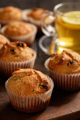 Homemade buckwheat muffins, gluten free, on wooden background.