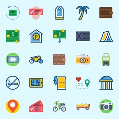 icons set about Travel. with placeholder, toilet paper, temple, smartphone, parking and tent