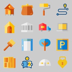 Icons set about Real Assets. with paint roller, studying and elevator