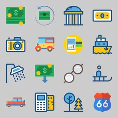 Icons set about Travel. with money, temple and park