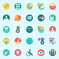 icons set about Medical. with surgeon, stethoscope, tooth, tablets, yoga and test tubes