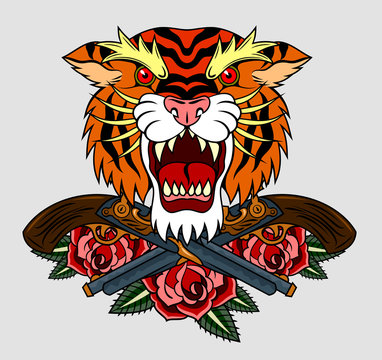 Portrait of a grinning Tiger in an old school style