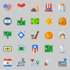 icons set about United States. with united states, usa, space needle, money, hamburger and independent day
