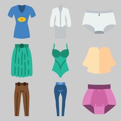 Icon set about Women Clothes with keywords trousers, panties, shirt, suit, pants and swimsuit