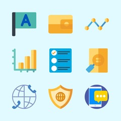 Icons about Business with file, worldwide, list, bar chart, line graph and wallet