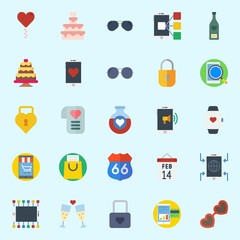 icons set about Romance Lifestyle. with wine bottle, toast, potion, sunglasses, route and lolipop