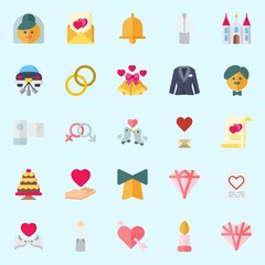 icons set about Wedding. with love birds, candle, groom, wedding car, wedding cake and genders