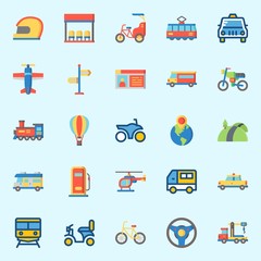 icons set about Transportation. with steering wheel, plane, locomotive, road, tram and motorbike