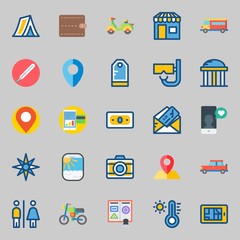 icons set about Travel. with windrose, placeholder, scooter, van, wallet and passport