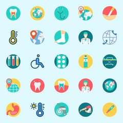 icons set about Medical. with test tubes, location, stethoscope, worldwide, stomach and tooth