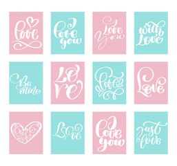 Fototapeta na wymiar Big Set Love Vector Valentines day cards templates. Hand drawn February 14 gift tags, labels or posters collection. Vintage love lettering background