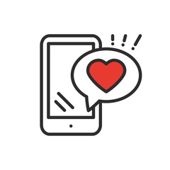 Smartphone with heart emoji message on screen line icon. Love confession like sign and symbol. Love relationship holiday romantic messaging smartphone mobile phone sms message theme.