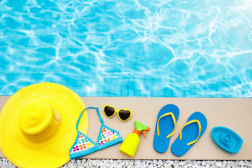 Pool and beach items flat lay. Summer vacation.
