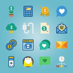 icon set about Marketing with dollar cloud, computer, calculator, money and letter