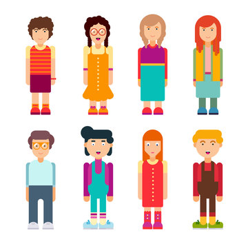 Colorful set of characters in flat design. Men and women standing on white background. Cute geometric flat style. Vector illustration.