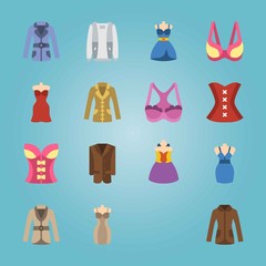 Icon set about Woman Clothes. with coat, corset and dress