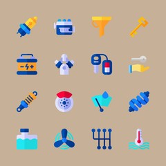 icon set about car engine with brake, drop of rain and battery
