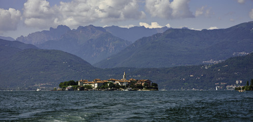 Panoramic view of Lake Maggiore and its islands, in the background the Alps.