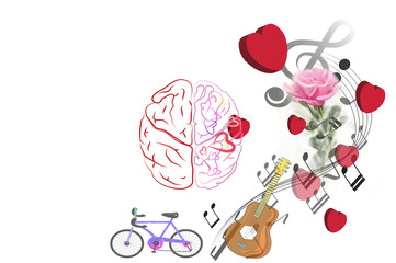 brain Thinking valentine day with red heart and pink rose 
