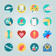 Icon set about Medical. with blood donation, letter and knee injury