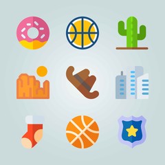Icon set about United States. with skyscrapers, cookie and sun
