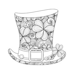 Leprechaun Vintage Top Hat Illustration. Monochrome Doodle St Patrick Day Symbol. Decorative Ornament with Clover Leaf, Abstract Coins and Swirl. Coloring Book Page. Vector 3d Ornate Drawing