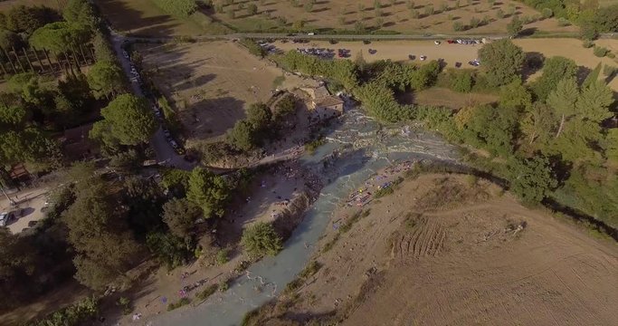 Aerial, Saturnia hot springs in Italy