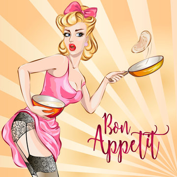 Bon appetit, pin up sexy woman cooking pancakes, hand drawn vector illustration background