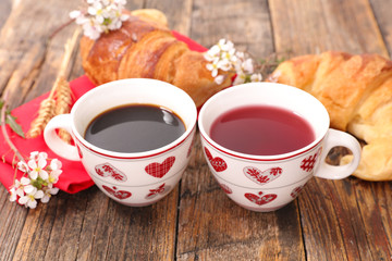 coffee, tea and croissant for valentine's day