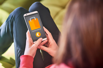 Online shopping woman - mobile display with Euro currency