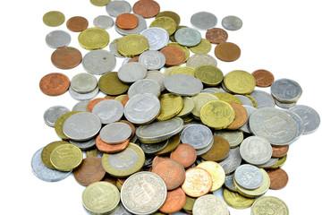 The metallic money of various countries on an isolated background
