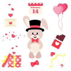 cartoon cute bunny in hat valentines day set
