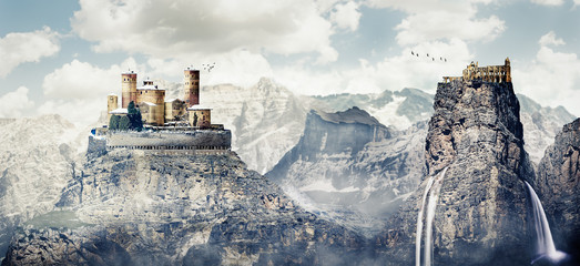 Fantasy photomanipulation of medieval landscape in winter with castle and ruins - obrazy, fototapety, plakaty