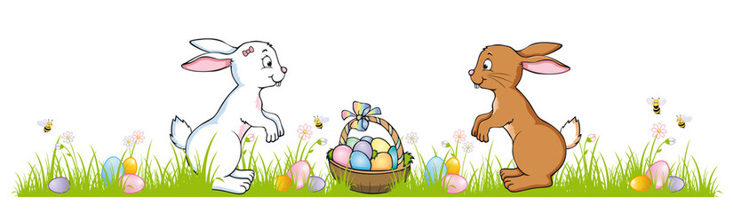 Happy Easter Banner with two Bunnies and an Easter Basket 