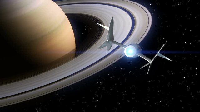 Saturn on the background. Fictional spaceplane flies past Planet. Concept of spaceship for space tourism. 3d animation. Texture of Planet was created in graphic editor without photos and other images.