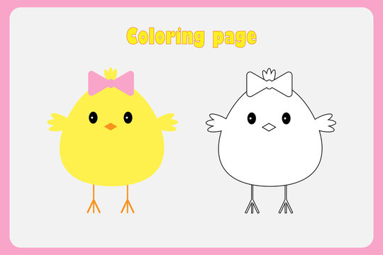 Chick in cartoon style, coloring page, easter education paper game for the development of children,  kids preschool activity, printable worksheet, vector illustration
