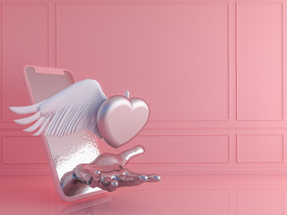 Love and technology concept .Silver heart and smart phone.Valentines day.3d rendering. 3d illustration.minimal pastel style