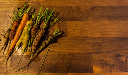 Bunch of freshly picked carrots on wooden background