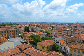 Fototapeta na wymiar Aerial cityscape view of Pisa rooftops showing the historic and beautiful city in Italy