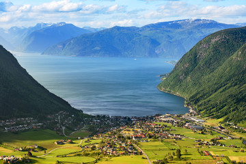 Travel to Norway: panoramic view on small town and fjord