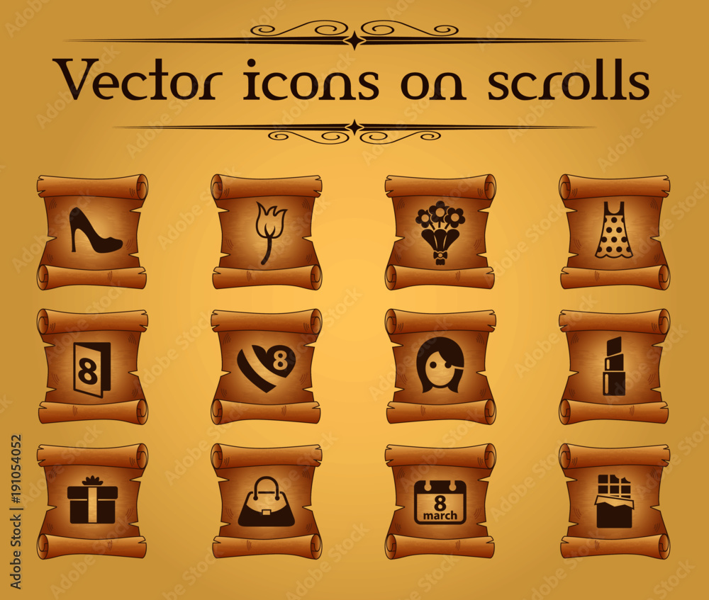 Poster 8 march simple vector icons on ancient scrolls