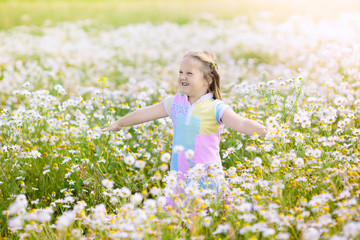 Little girl picking flowers in daisy field