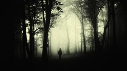 Zelfklevend Fotobehang man silhouette wandering in forest at night, dark scary surreal landscape © andreiuc88