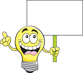 Cartoon illustration of a light bulb holding a sign.